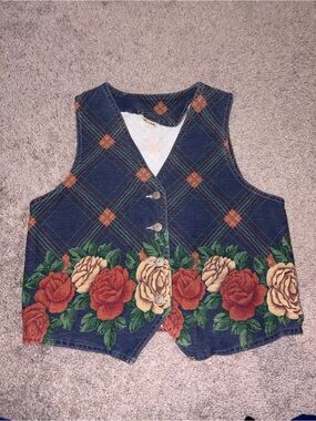 Vintage Floral Denim Vest with Rose Border